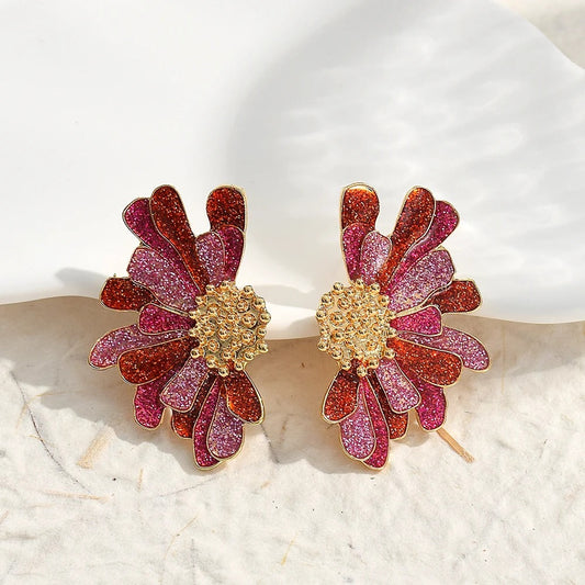 Vintage Pink & Red Glitter Flower Gold Earrings-Ariette Jewelry