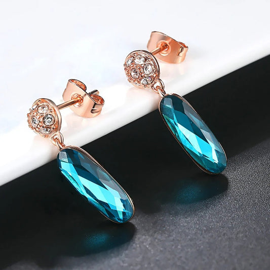 Vintage Rose Gold Teal Crystal Charm Drop Earrings-Ariette Jewelry