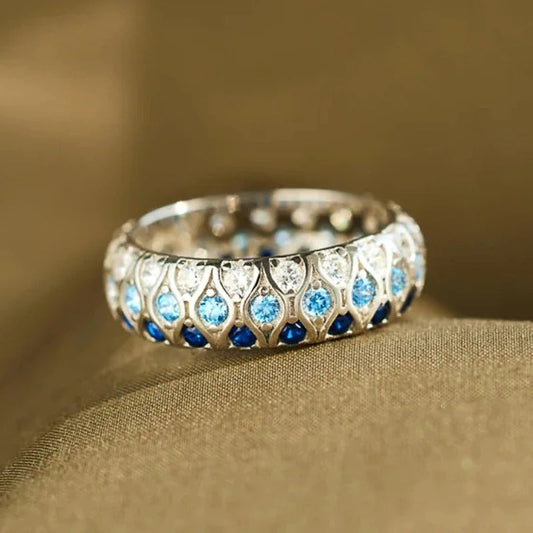 Vintage Two-Tone Blue Crystal Band Ring-Ariette Jewelry