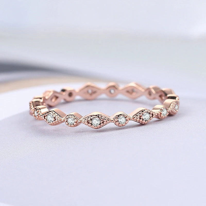 Vintage Rose Gold Diamond Stone & Wavy Design Ring-Ariette Jewelry