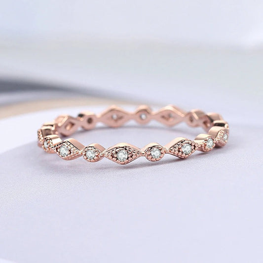 Vintage Rose Gold Diamond Stone & Wavy Design Ring-Ariette Jewelry