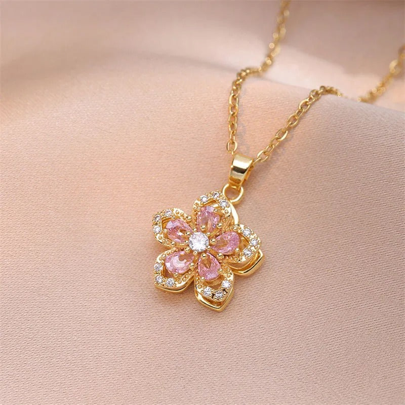 Gold Pink Crystal Flower Necklace-Ariette Jewelry