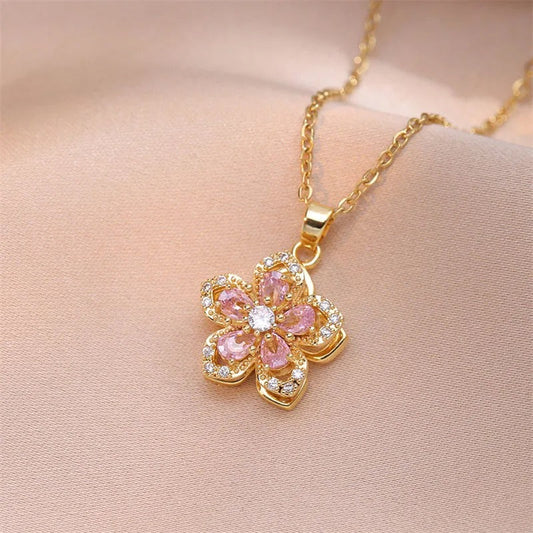 Gold Pink Crystal Flower Necklace-Ariette Jewelry