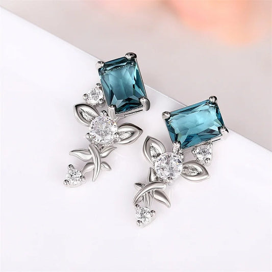 Silver Rectangle Blue Stone Earrings-Ariette Jewelry