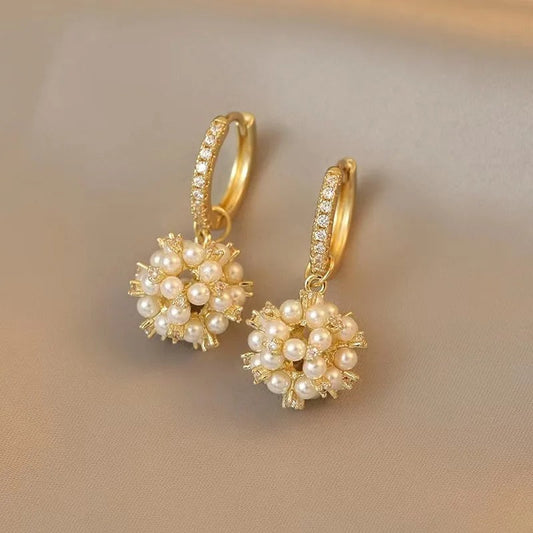 Gold Pearl Cluster Hoop Earrings-Ariette Jewelry