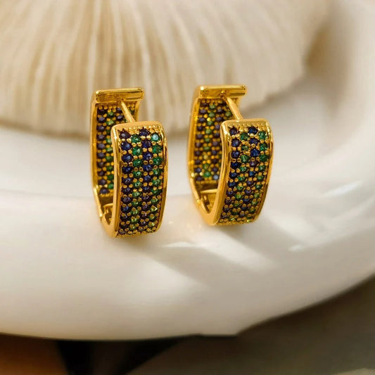 Vintage Gold & Multicolor Zircon Square Earrings-Ariette Jewelry