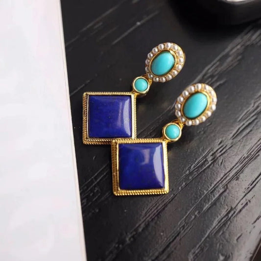 Retro Gold & Lapis Square Blue Gemstone Dangle Earrings-Ariette Jewelry