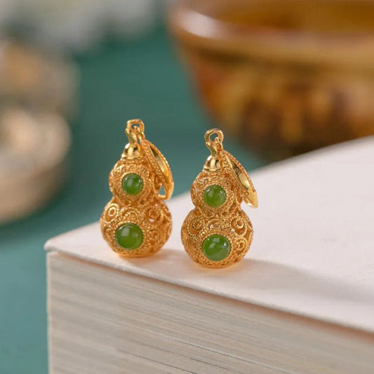 Vintage Gold & Green Gemstone Gourd Drop Earrings-Ariette Jewelry