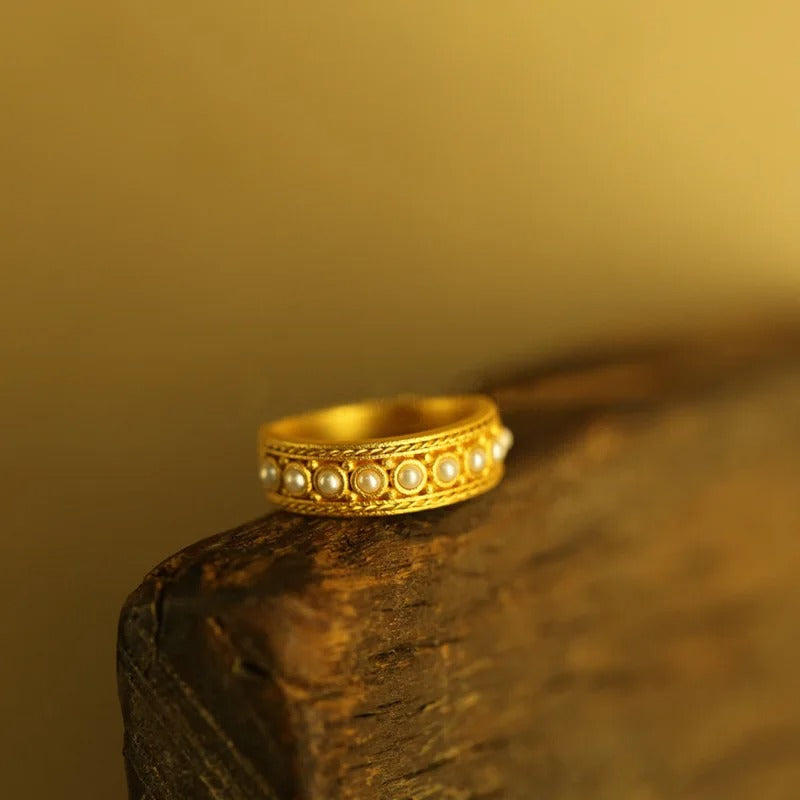 Vintage Gold Pearl-Accented Band Adjustable Ring-Ariette Jewelry