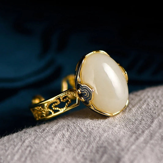 Classic Gold White Gemstone Jade Oval Adjustable Ring-Ariette Jewelry