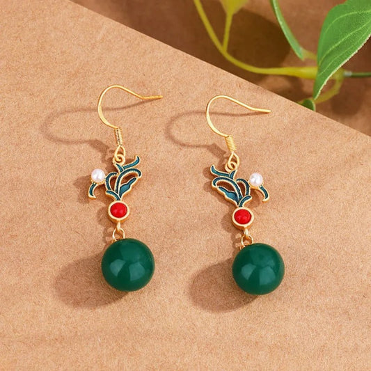 Retro Gold & Green Pearl Red Bead Drop Earrings-Ariette Jewelry