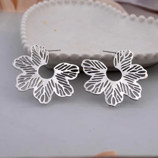 Silver Hollow Leaves Flower Earrings-Ariette Jewelry