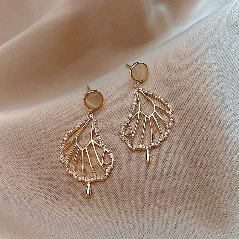 Gold Crystal Leaf Drop Earrings-Ariette Jewelry