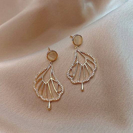 Gold Crystal Leaf Drop Earrings-Ariette Jewelry