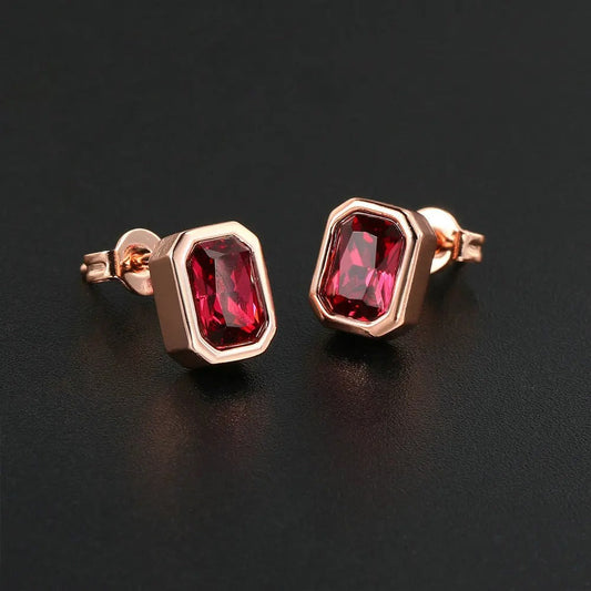 Vintage Rose Gold Deep Red Crystal Stud Earrings-Ariette Jewelry