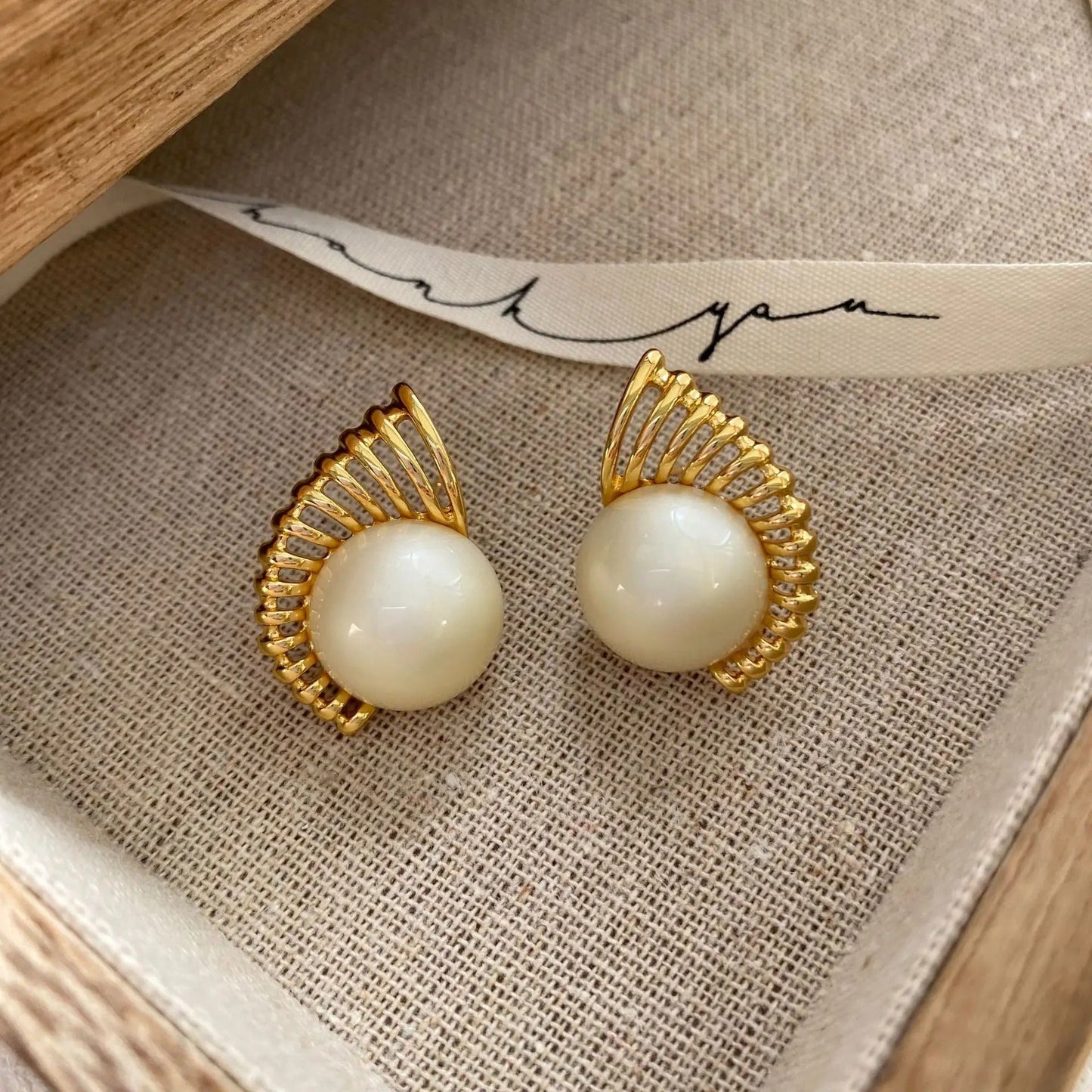 Gold Radiant White Round Pearl Earrings-Ariette Jewelry