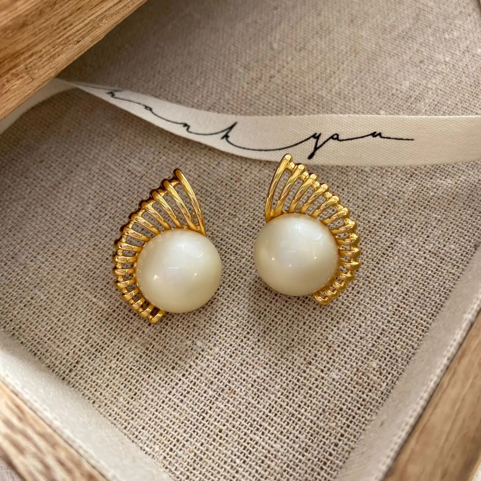 Gold Radiant White Round Pearl Earrings-Ariette Jewelry