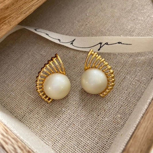 Gold Radiant White Round Pearl Earrings-Ariette Jewelry