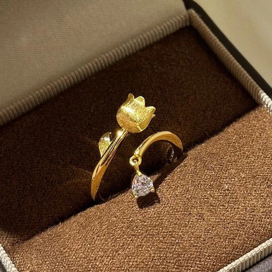 Classic Gold & Lily-Shaped Diamond Accent Adjustable Ring-Ariette Jewelry