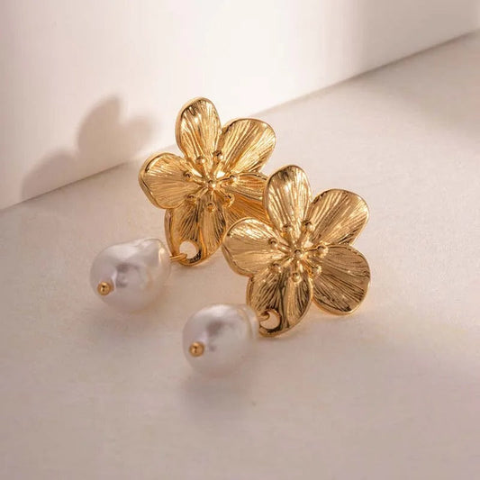 Gold Plated Flower Pearlescent Drop Earrings-Ariette Jewelry