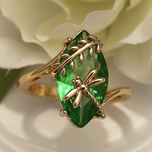 Gold Green Gemstone & Dragonfly Ring-Ariette Jewelry