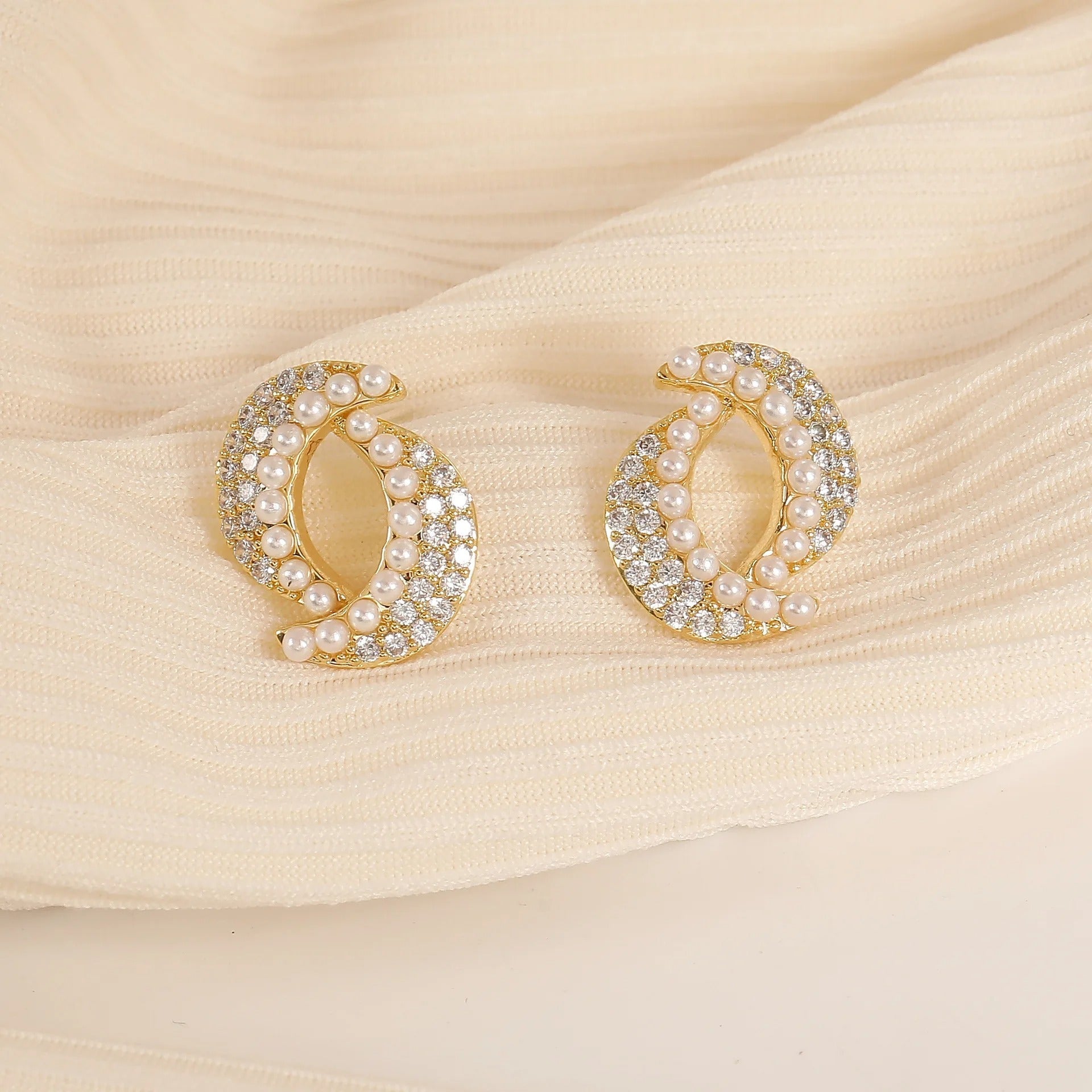 Vintage Double Moon Pearl & Gold Earrings-Ariette Jewelry