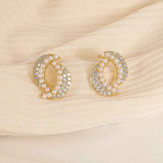 Vintage Double Moon Pearl & Gold Earrings-Ariette Jewelry