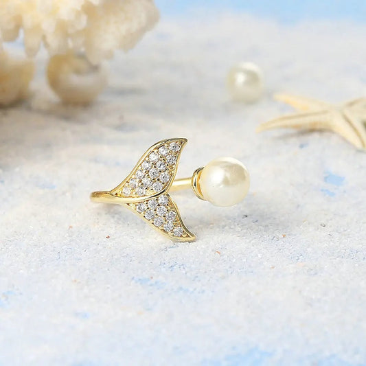 Gold Mermaid Tail Shimmering Pearl Accent Ring-Ariette Jewelry