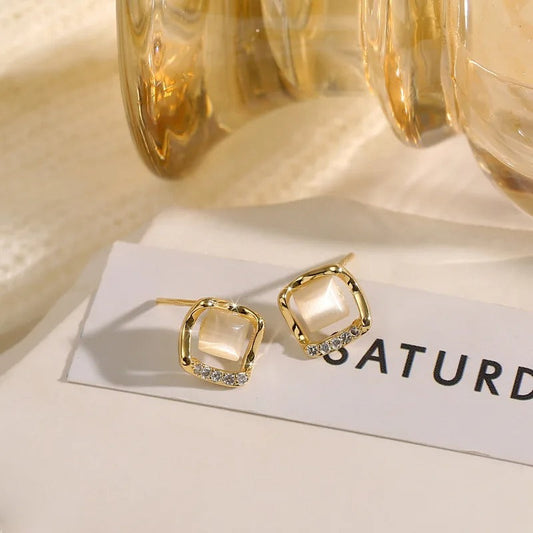 Vintage Gold Square Pearl Opal Earrings-Ariette Jewelry