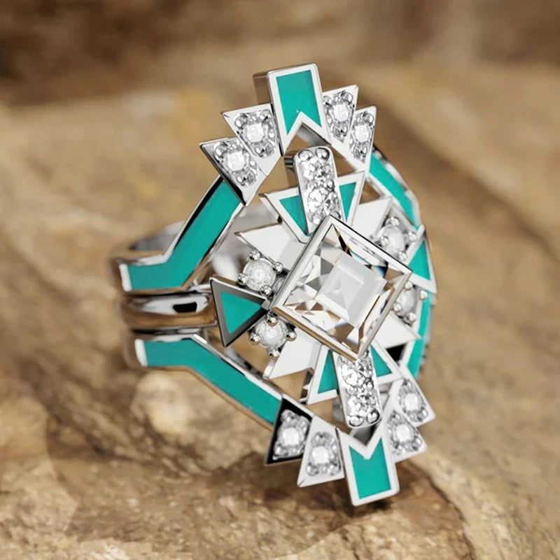 Silver Geometric Turquoise Gemstone Ring-Ariette Jewelry