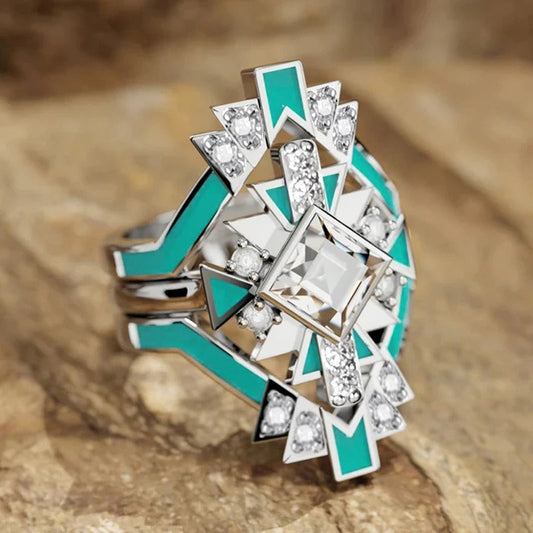 Silver Geometric Turquoise Gemstone Ring-Ariette Jewelry