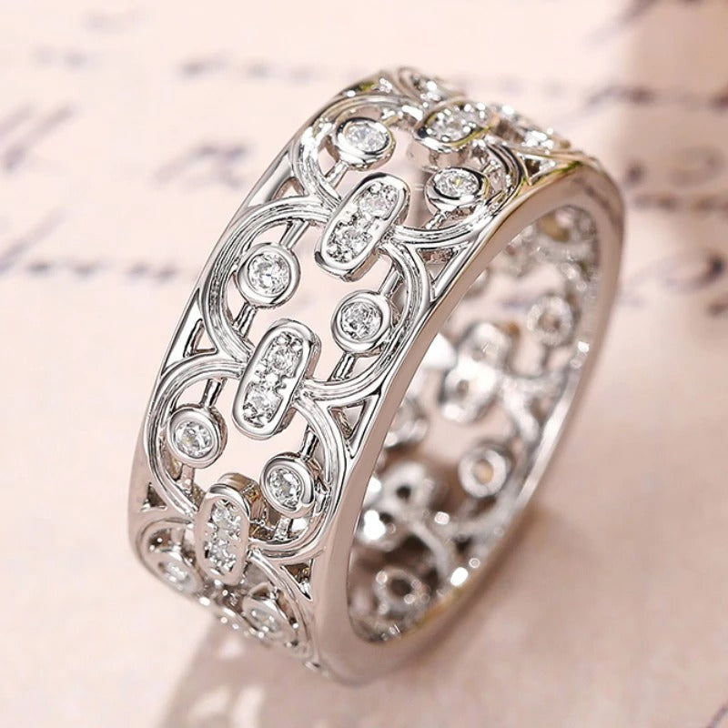 Silver Crystal Inlay Lace Pattern Ring-Ariette Jewelry