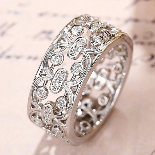 Silver Crystal Inlay Lace Pattern Ring-Ariette Jewelry