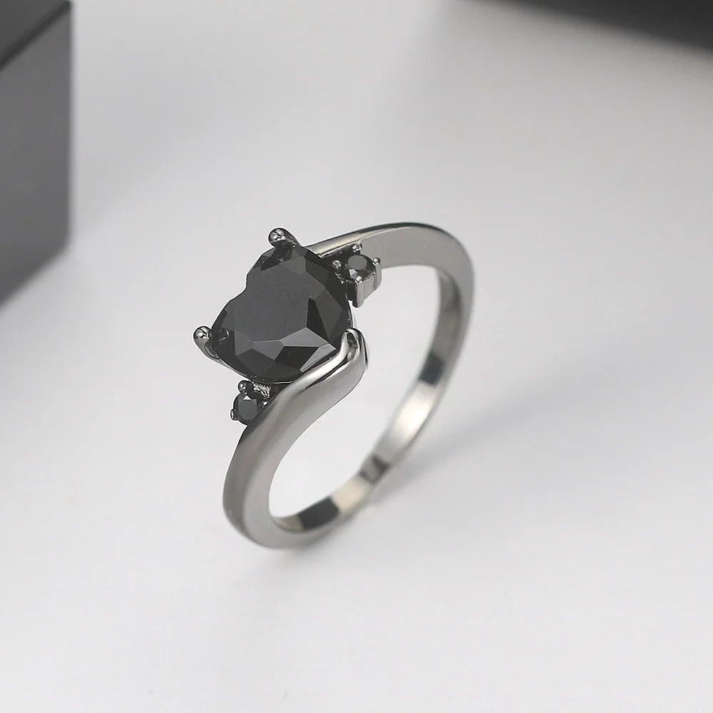 Silver Black Heart-Shaped Stone Ring-Ariette Jewelry