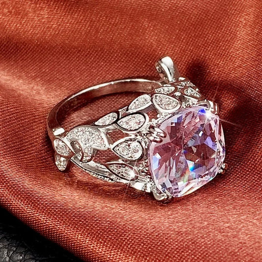 Silver Cushion Purple Gemstone Leaf Crystal Ring-Ariette Jewelry