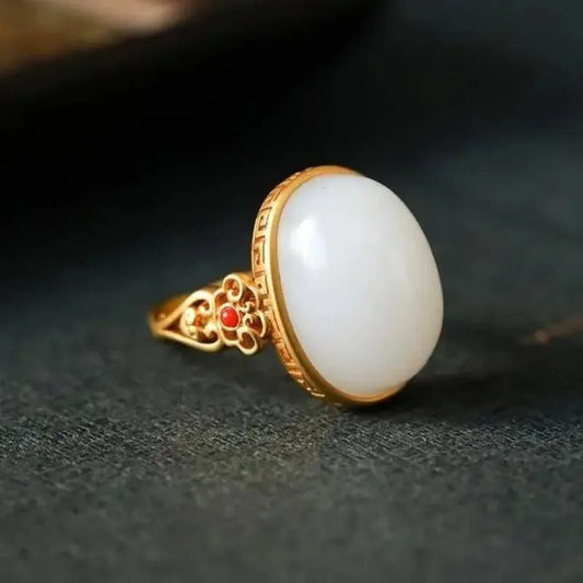 Vintage Gold White Hollow Oval Ring Jade Ring-Ariette Jewelry