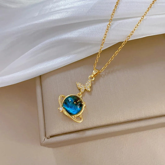 Vintage Gold Planet & Butterfly Pendant Necklace-Ariette Jewelry