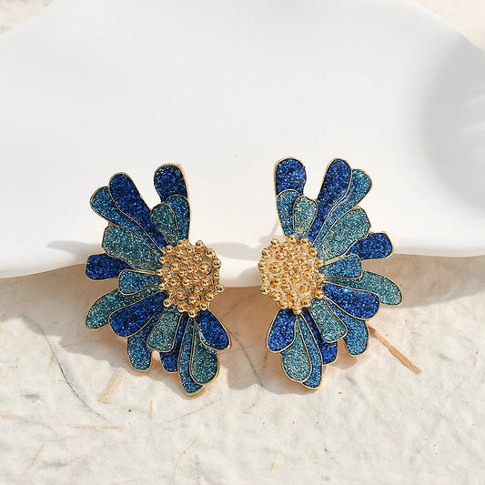 Vintage Blue Glitter Flower Gold Earrings-Ariette Jewelry