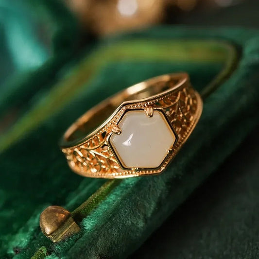 Vintage Gold & Hexagonal White Stone Filigree Adjustable Ring-Ariette Jewelry