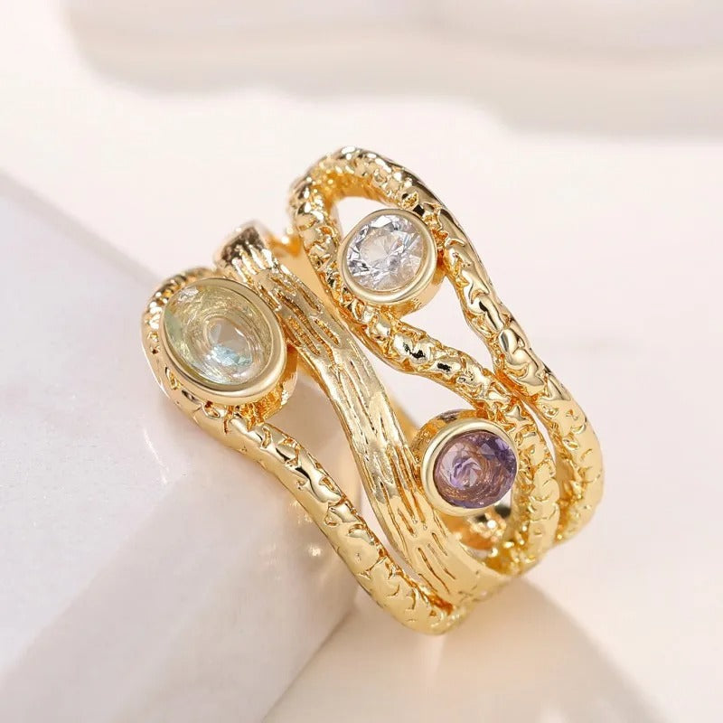 Gold Triple-Gemstone Design Ring-Ariette Jewelry