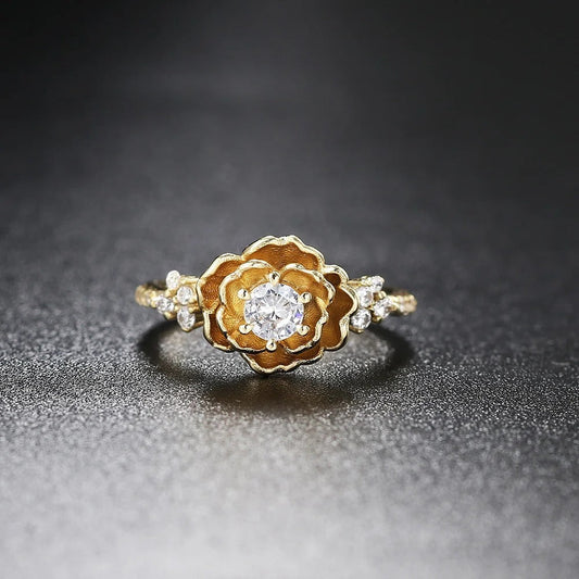 Classic Gold Flower Center Gem & Side Crystal Ring-Ariette Jewelry