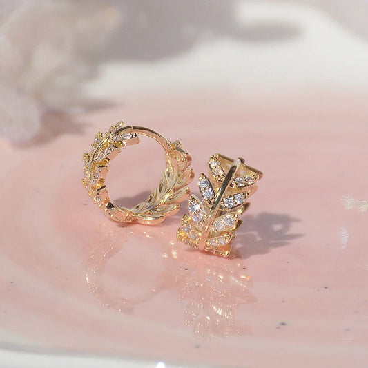 Gold & Shiny Crystal Leaf Hoop Earrings-Ariette Jewelry