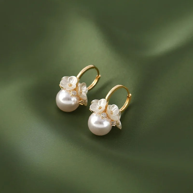 Vintage Flower Pearl Ball Pendant Earrings-Ariette Jewelry