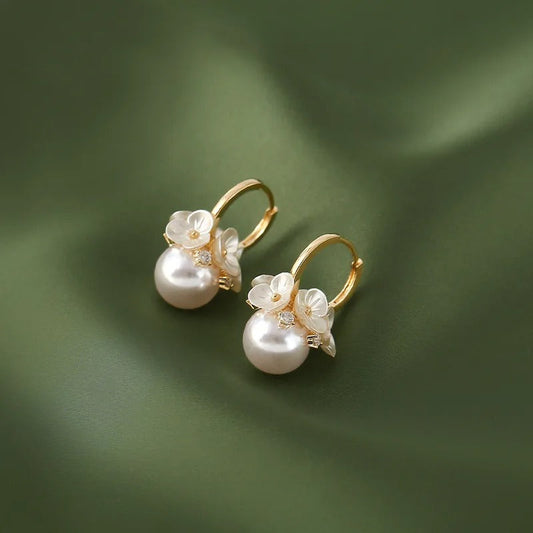 Vintage Flower Pearl Ball Pendant Earrings-Ariette Jewelry