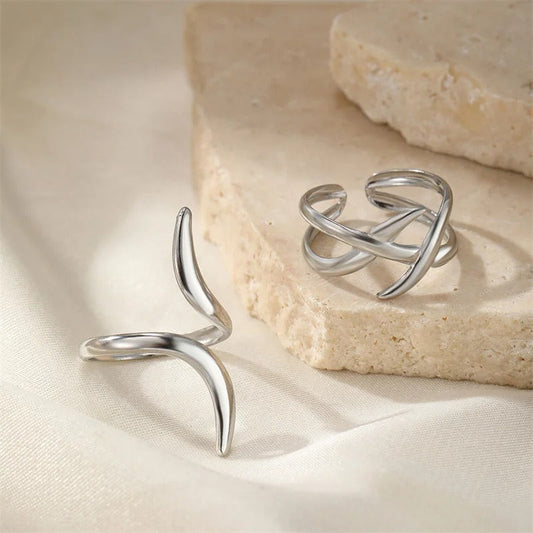 Vintage Silver Twist Sculpted Curved Design Adjustable Ring Set-Ariette Jewelry