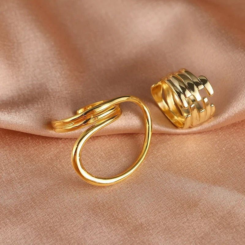 Retro Smooth Curved & Layered Gold Band Adjustable Ring Set-Ariette Jewelry