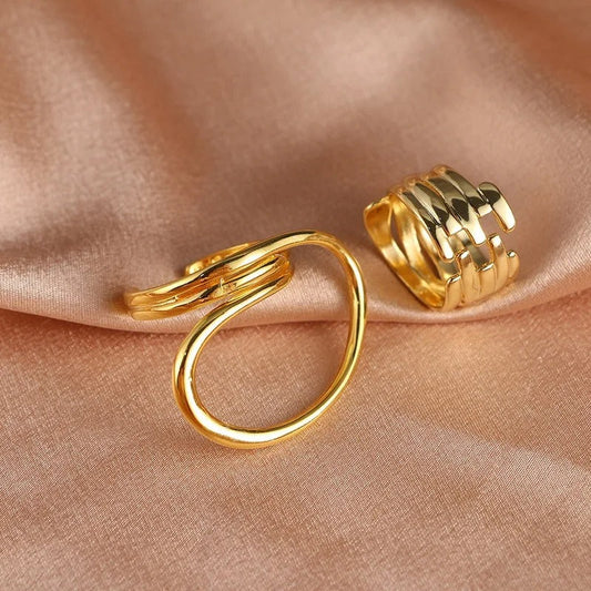 Retro Smooth Curved & Layered Gold Band Adjustable Ring Set-Ariette Jewelry