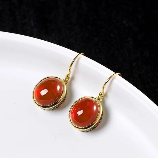 Vintage Gold & Red Oval Gemstone Ruby Drop Earrings-Ariette Jewelry