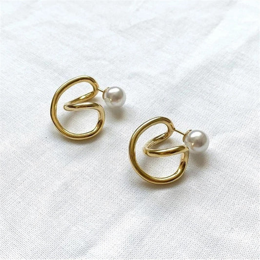 Gold & Pearl Loop Twist Earrings-Ariette Jewelry