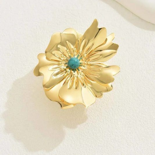 Gold Flower Central Turquoise Gem Adjustable Ring-Ariette Jewelry